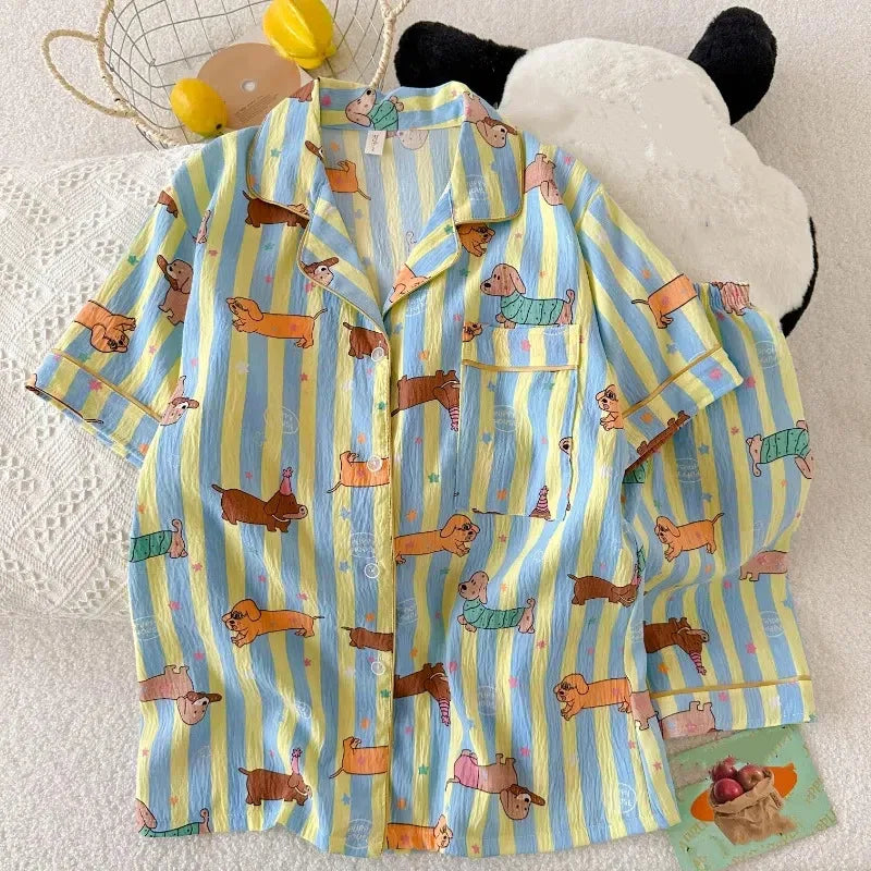 Women Kawaii Dog Print Pajama Set Y2K Lapel Neck Cute Homewear Summer