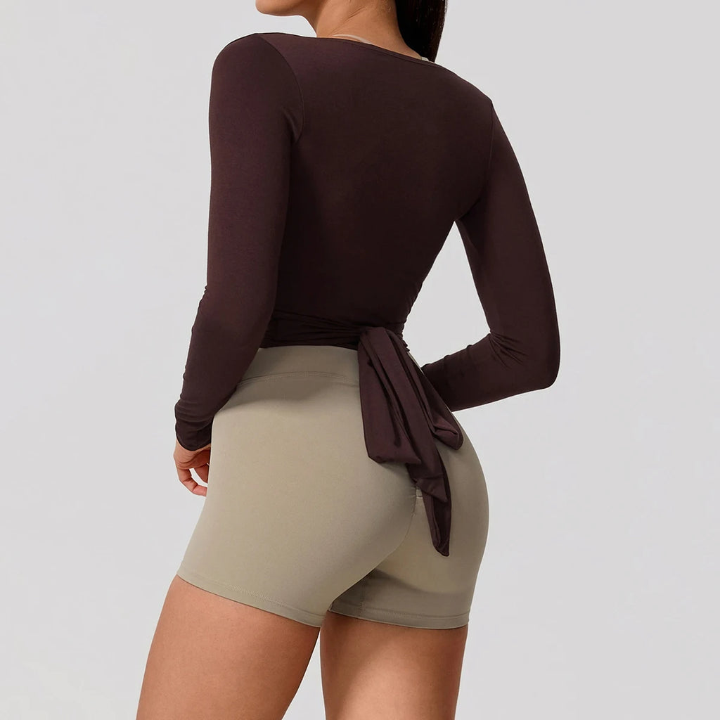 Women Yoga Shirt Long Sleeve Sports Top Quick Dry Breathable Gym Pilates Dance Wrap Top