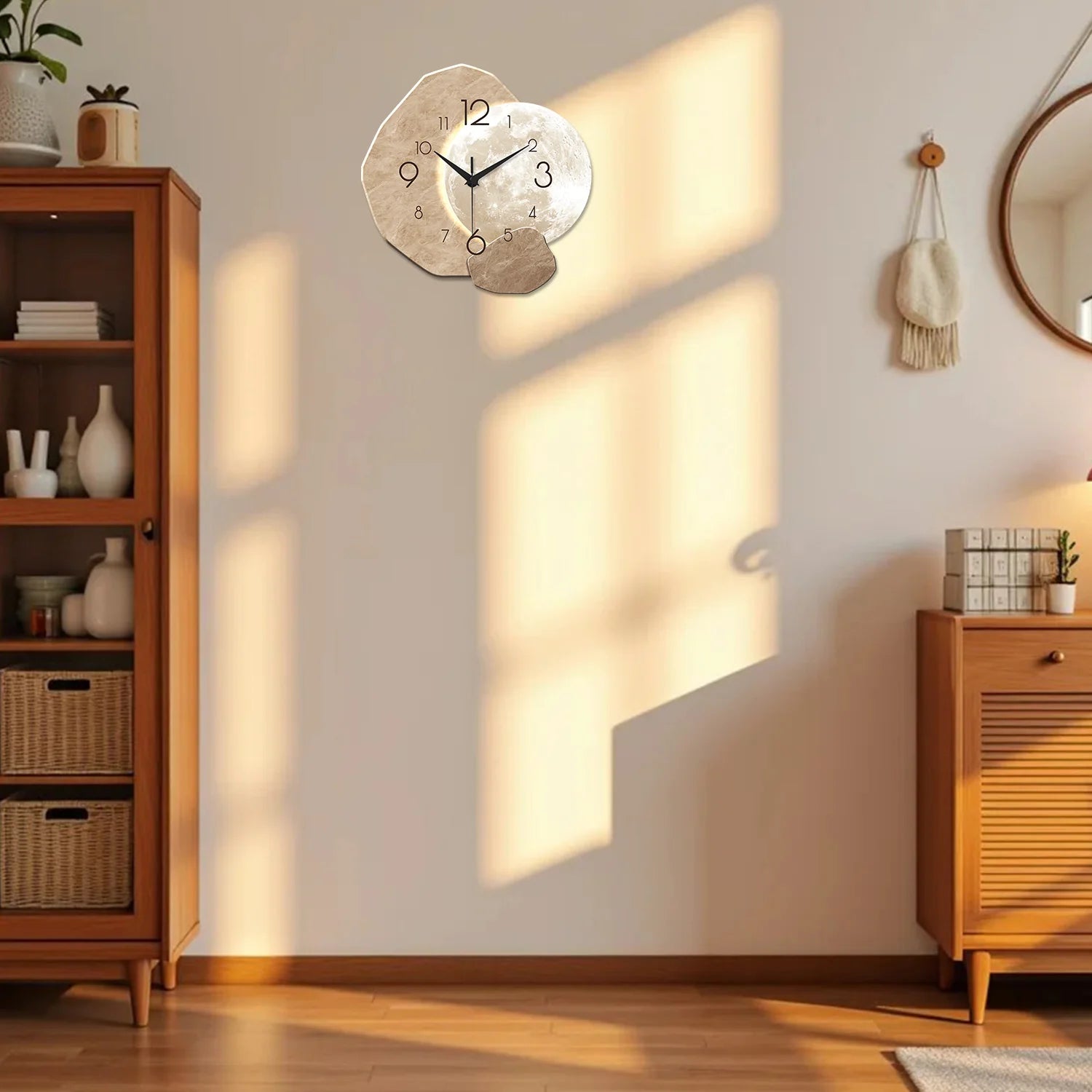 Silent Wooden Wall Clock Moon Design Quartz for Bedroom Living Room Office Decor