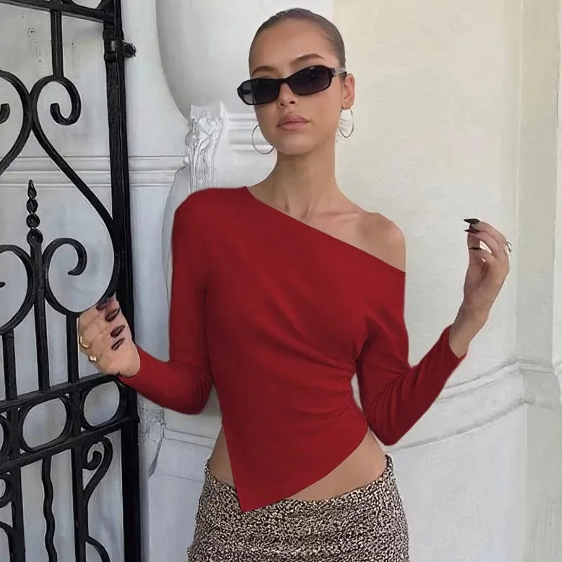 Women Slim Fit Long Sleeve Slit Top Strapless Pleated Party Streetwear
