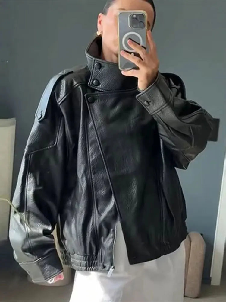 Women Faux Leather Zip Up Jacket Casual Long Sleeve PU Coat Streetwear