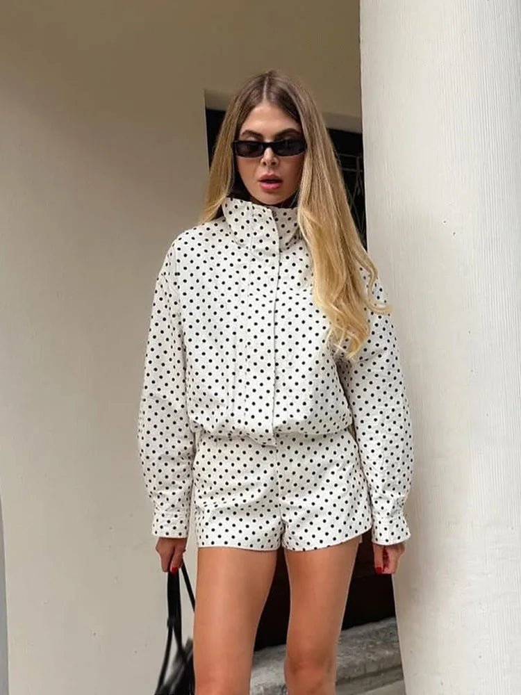 Women Polka Dot Jacket Turtleneck Long Sleeve Casual Coat with Zipper and Pockets