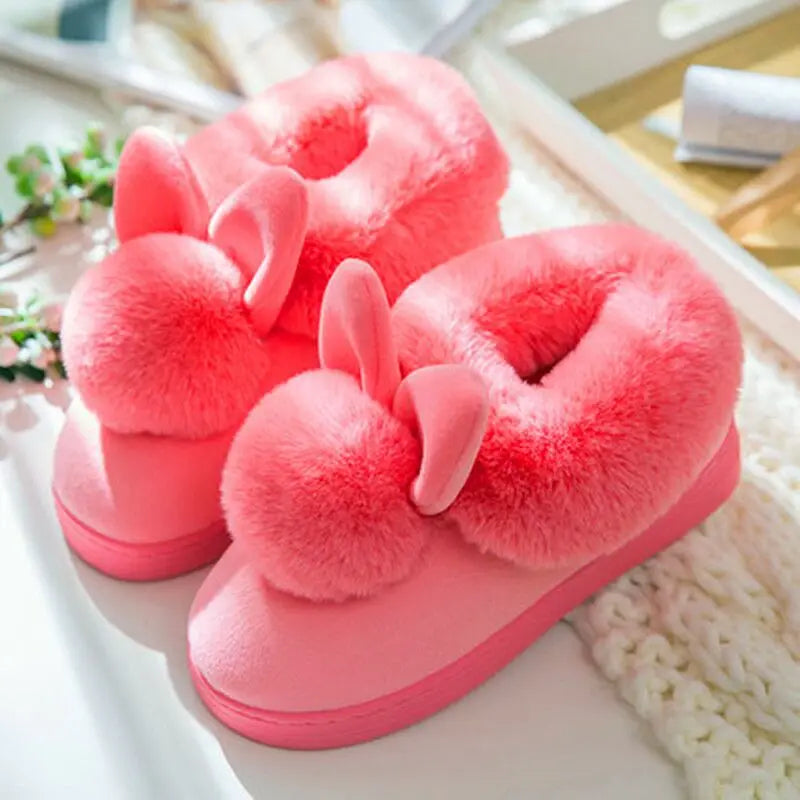 Winter Plush Slippers Thick Sole Couple Indoor Faux Rabbit Fur Closed Back House Shoes
