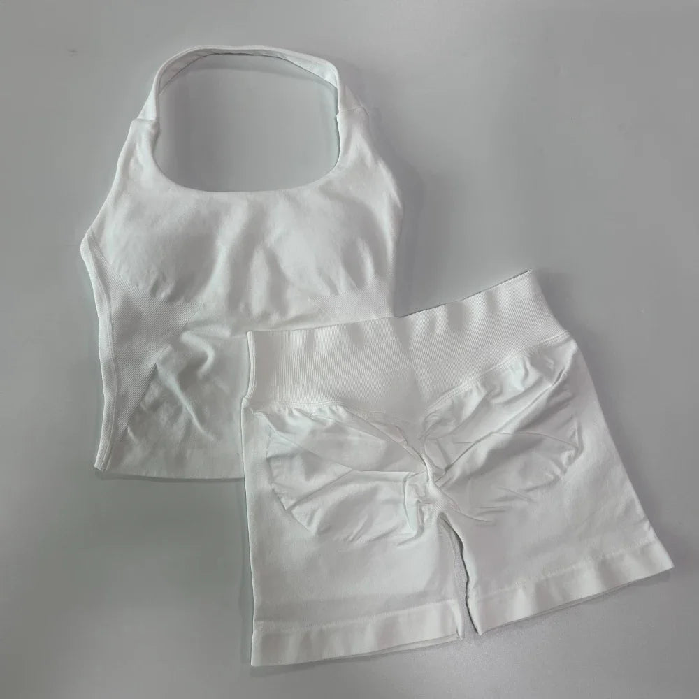 Yoga Set Women Seamless Tank Top High Waist Scrunch Shorts Gym Workout Set