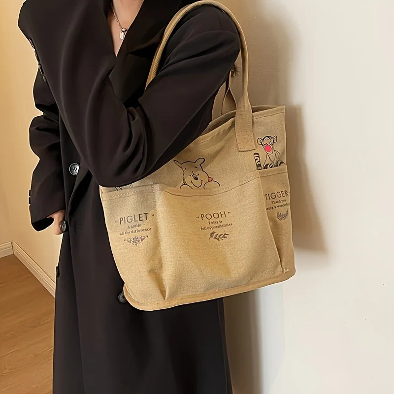 Cartoon Bear Canvas Tote Bag Large Capacity Multi Pocket Shoulder Bag