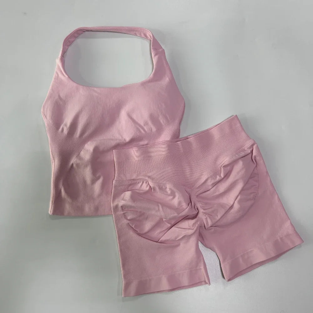Yoga Set Women Seamless Tank Top High Waist Scrunch Shorts Gym Workout Set