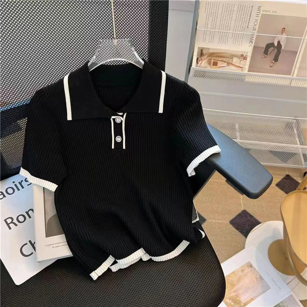 Women Ice Silk Knitted Polo Shirt Short Sleeve Summer Fashion Chic Top