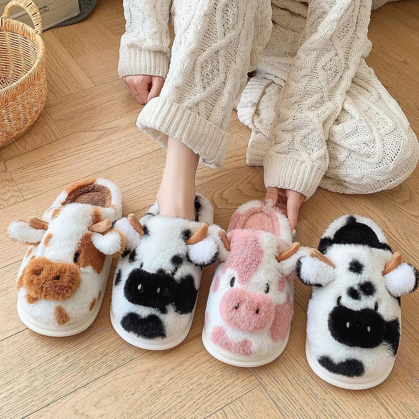 Cow Milk Fuzzy Slippers Women Winter Plush Soft Cozy Cartoon House Bedroom Shoes
