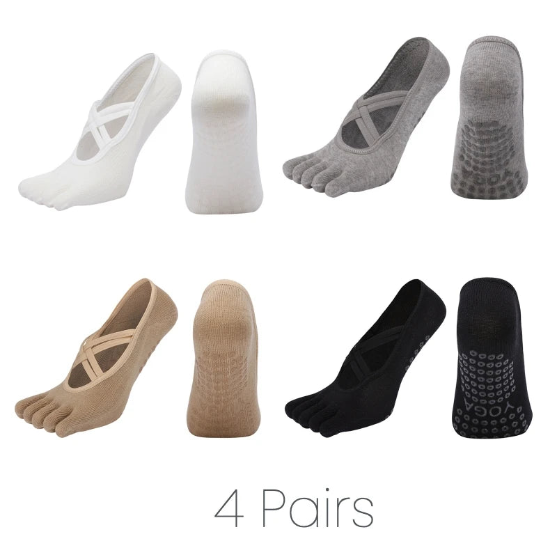 Women Anti Slip Pilates Five Toe Yoga Socks Silicone Grip Cotton Fitness Socks 1–4 Pairs