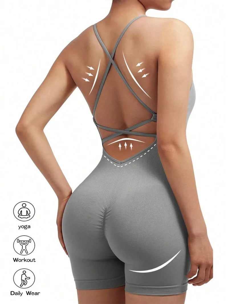 Women Adjustable Fitness Jumpsuit Backless Yoga Romper with Scrunch Shorts