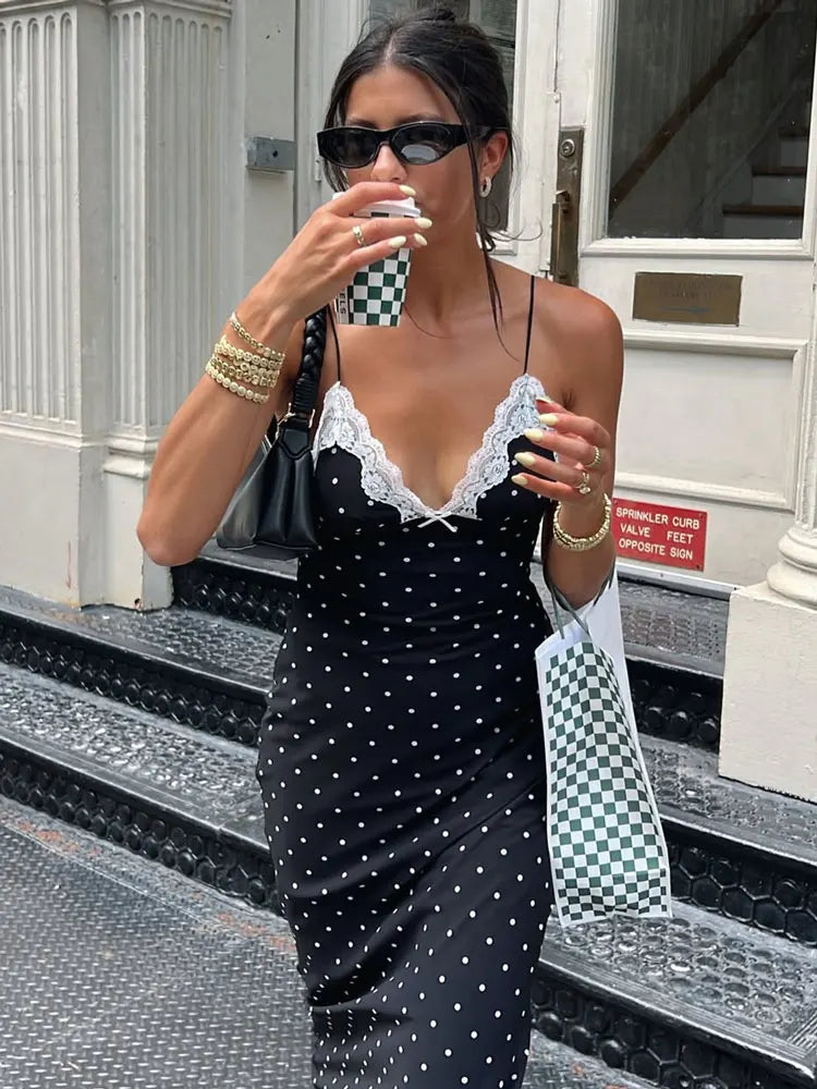 Women Lace V Neck Maxi Dress Backless High Waist Party Dress