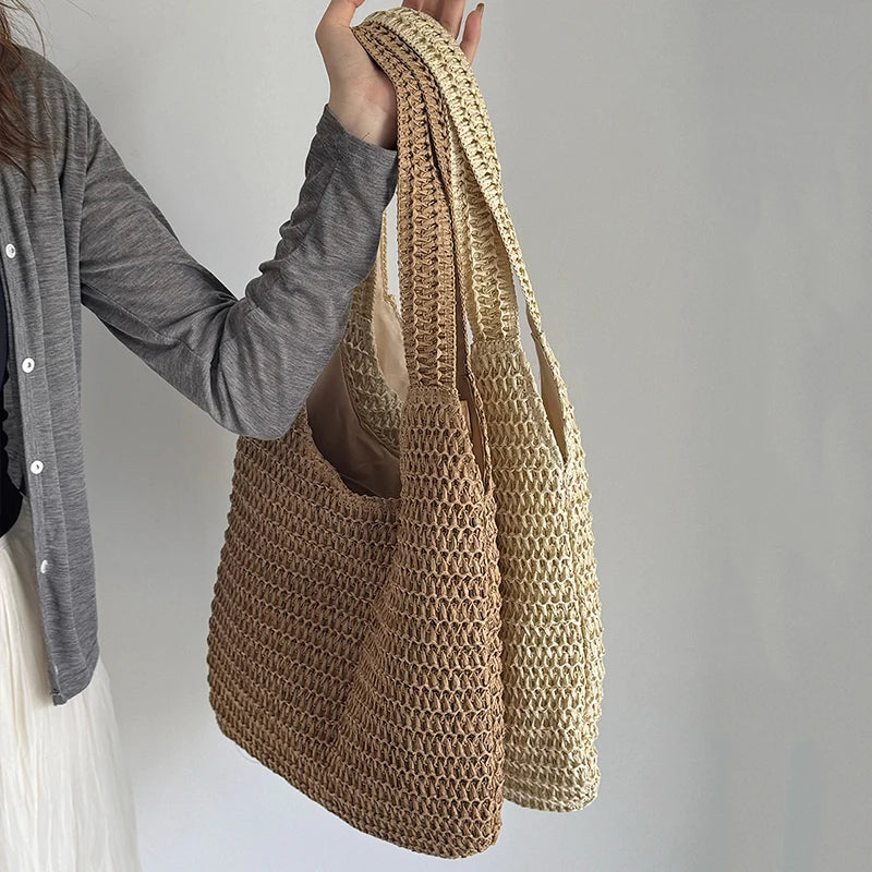Woven Rattan Shoulder Bag Large Capacity Summer Straw Tote for Women
