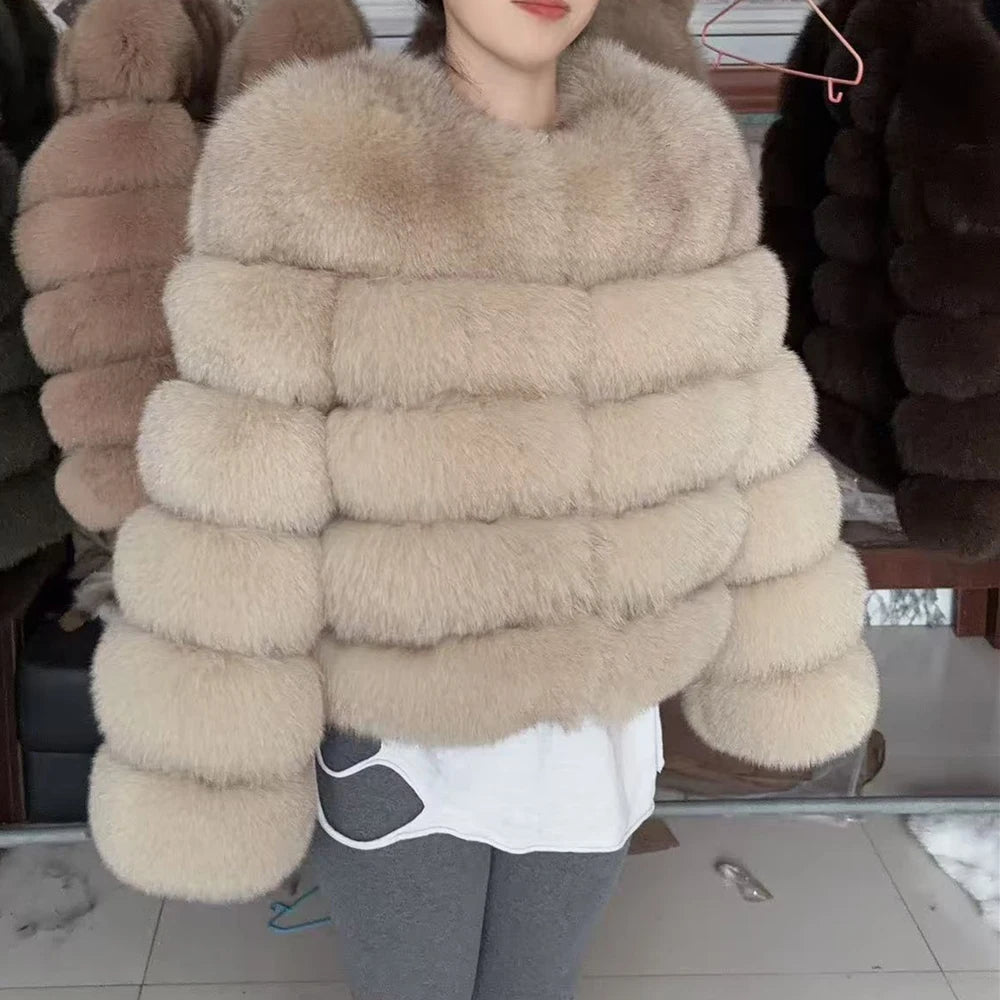Women Real Fox Fur Winter Coat Brown Leather Jacket