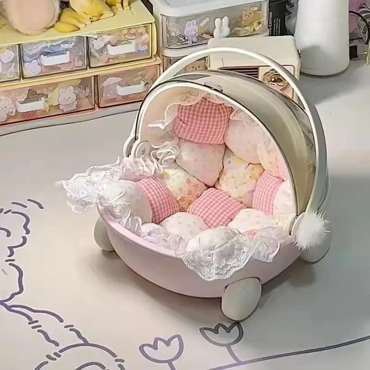 Doll Stroller Storage Box Labubu Sleep Cradle Cart Doll Bed Furniture Accessory