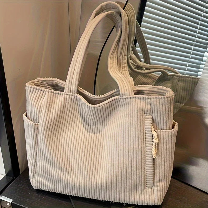 Corduroy Shoulder Handbag Large Capacity Zipper Casual Daily Tote Bag