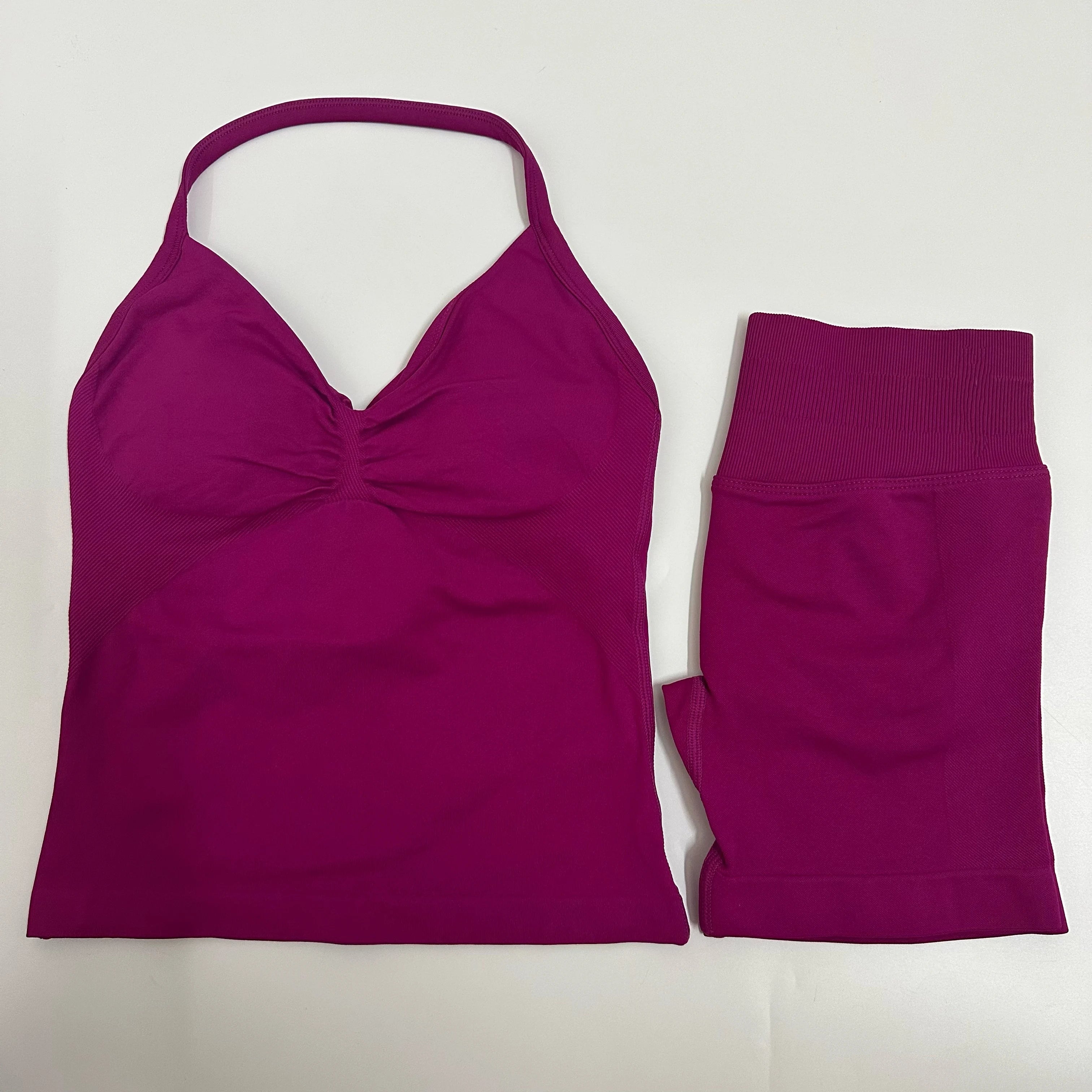 Seamless Yoga Set Women Strappy Tank Top Scrunch Shorts Gym Workout Outfit