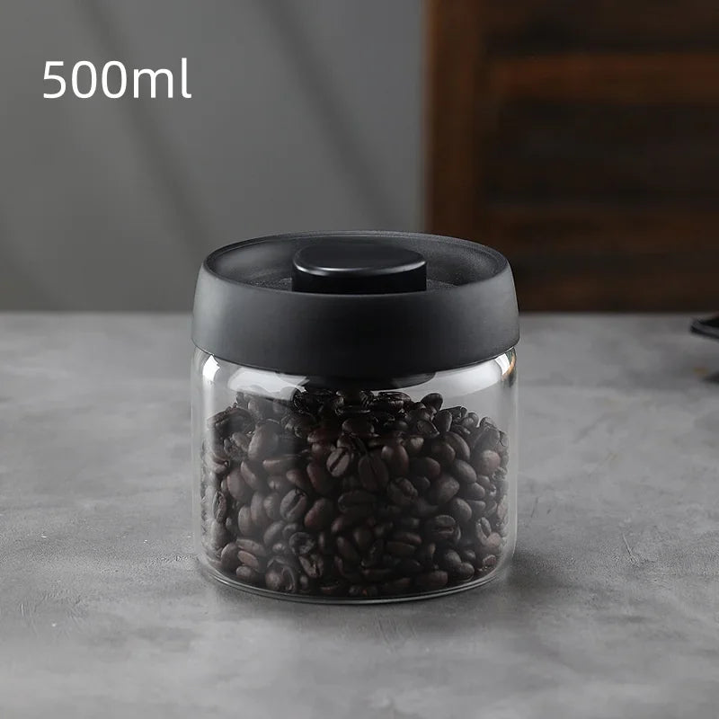 Glass Coffee Bean Storage Jar Vacuum Sealed Moisture Proof Black Lid Canister