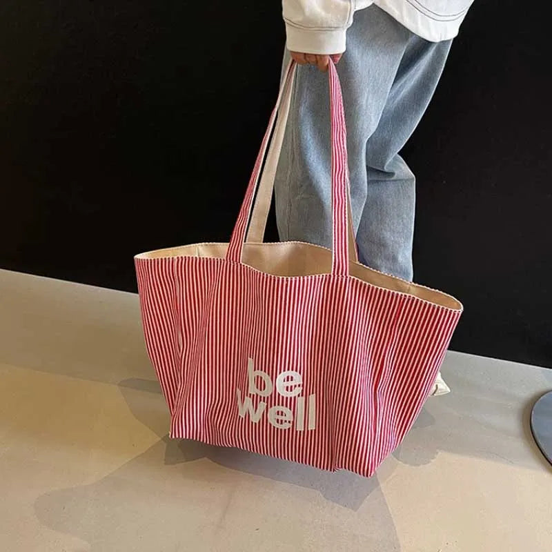 Women Striped Canvas Tote Bag Large Capacity Shoulder Bag