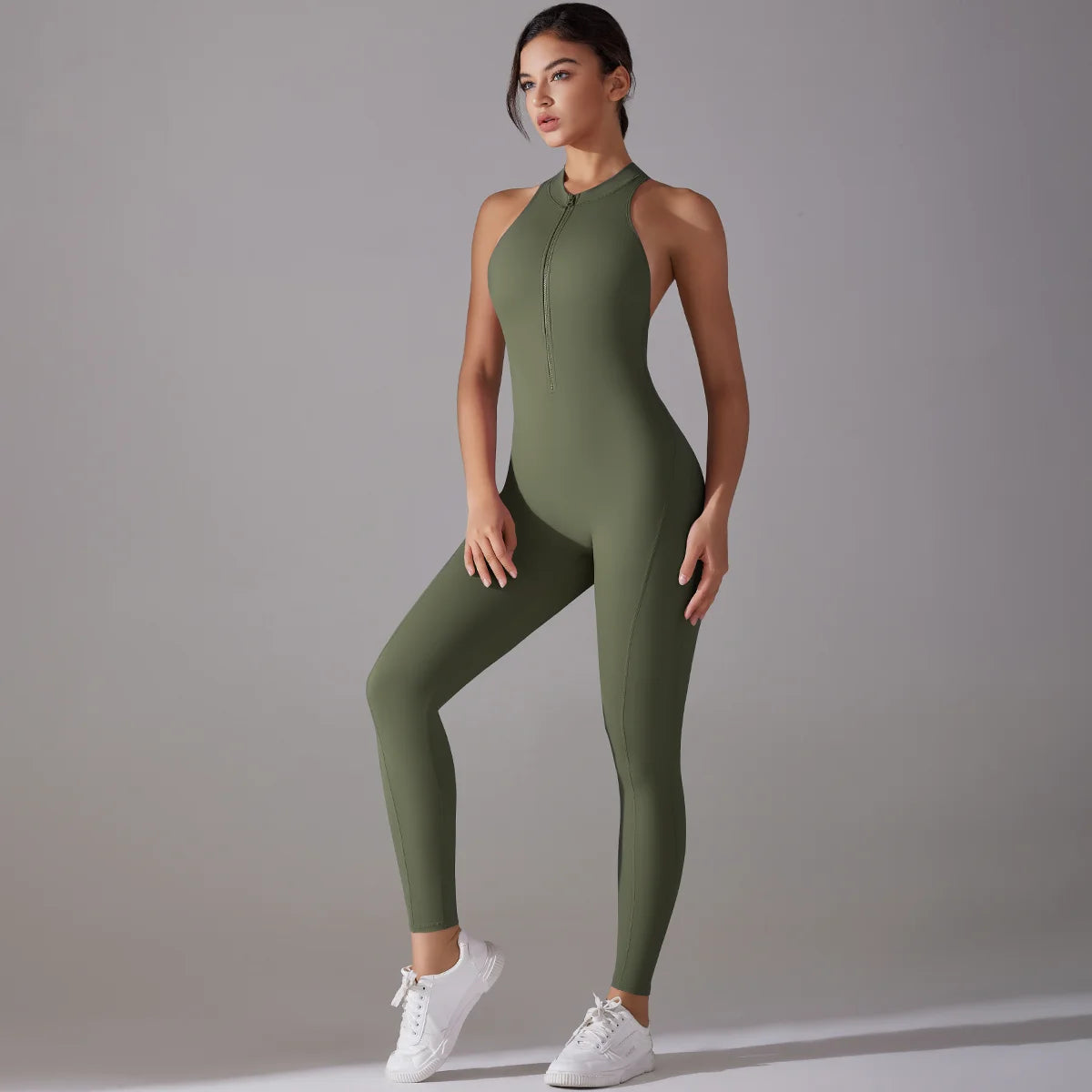 Women Backless Scrunch Gym Jumpsuit Zipper Fitness Yoga Bodysuit Sportswear