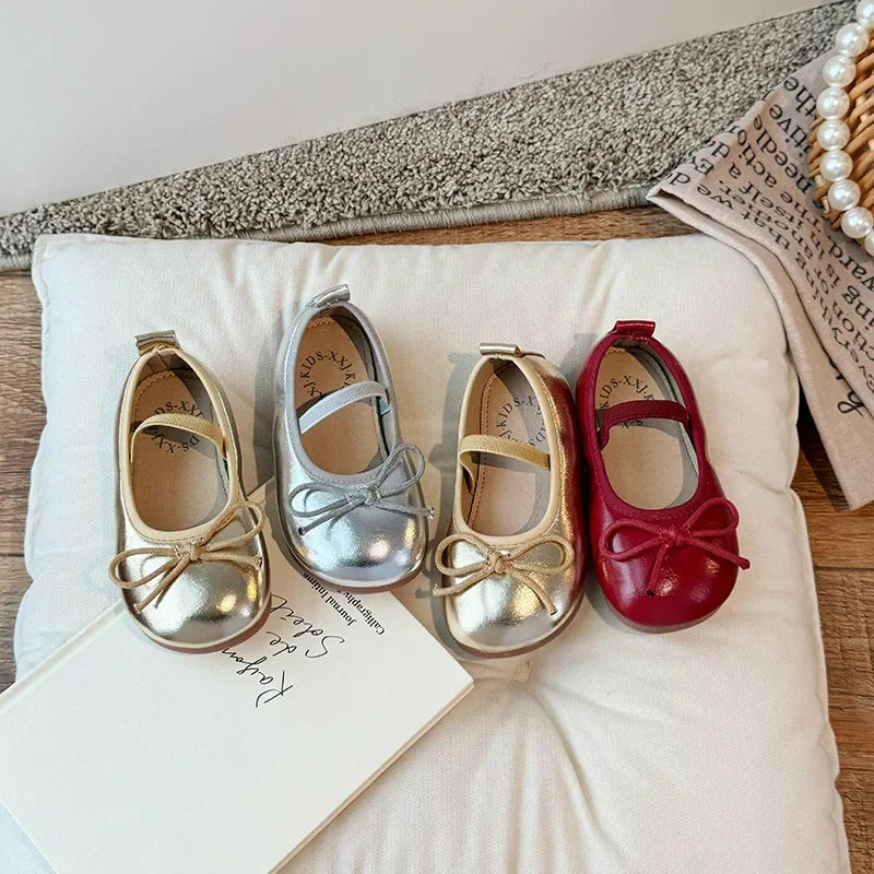 Girls Bow Leather Shoes Soft Sole Princess Flats for Kids
