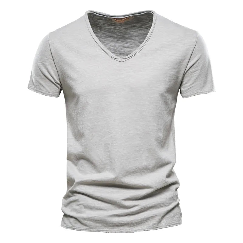Men Cotton V-Neck Slim Fit T Shirt Short Sleeve Fashion Basic Tee