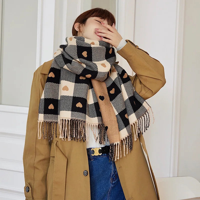 Women Heart Plaid Scarf Thick Winter Blanket Shawl Wrap