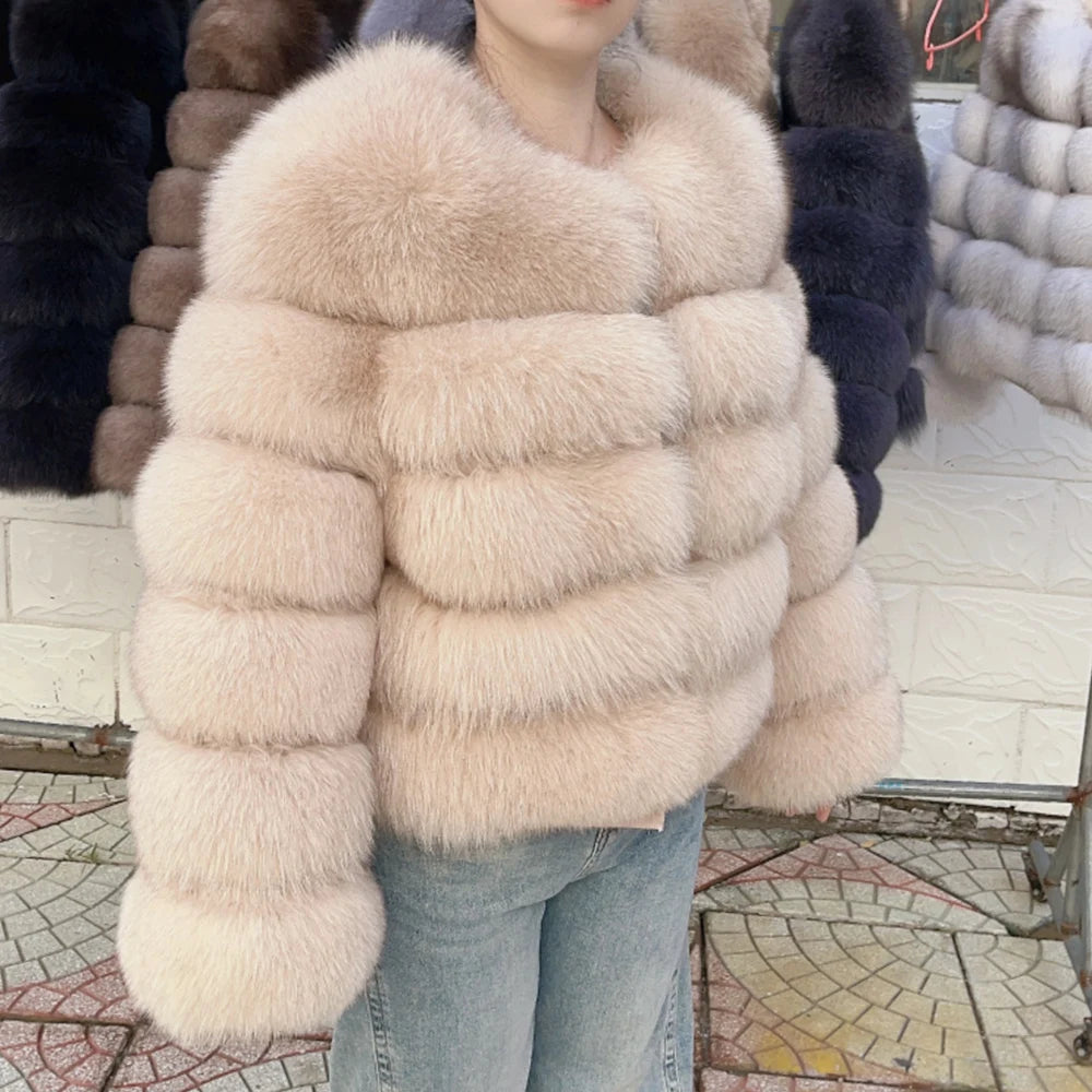 Women Real Fox Fur Winter Coat Brown Leather Jacket