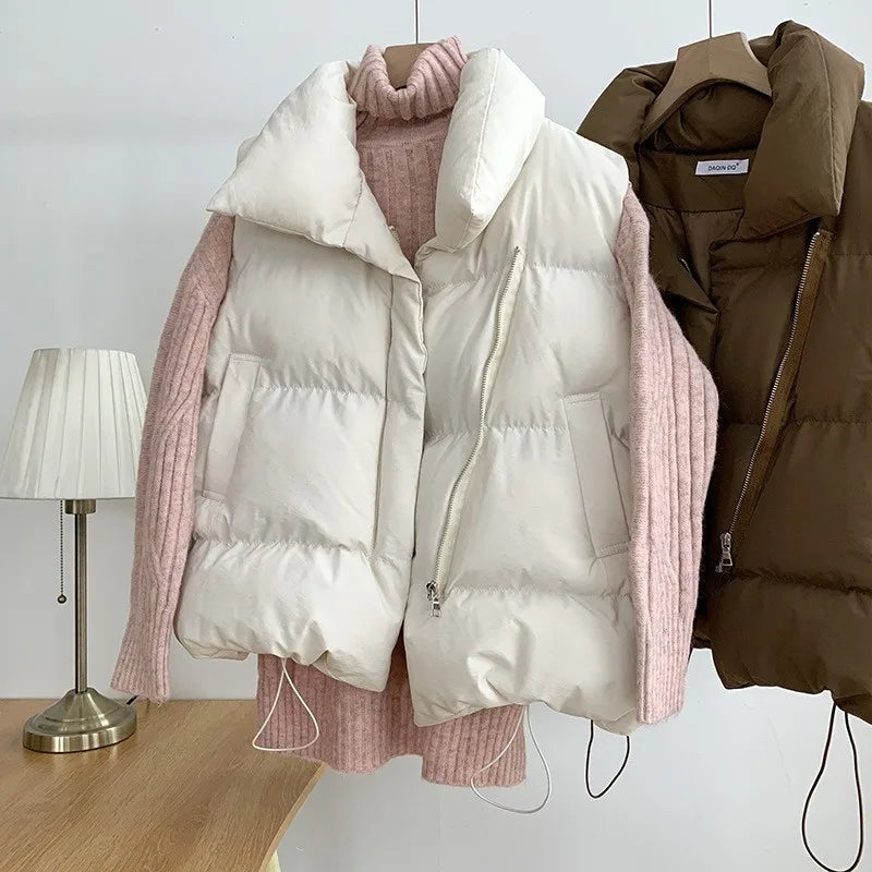 Women Stand Collar Belted Puffer Vest Sleeveless Warm Winter Jacket