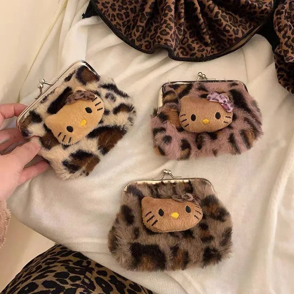 Kitty Leopard Print Plush Coin Purse Mini Makeup Storage Bag