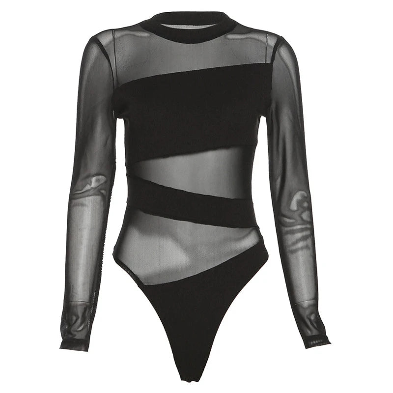 Women Mesh Jumpsuit Long Sleeve Cut Out O Neck Slim Fit Clubwear Bodysuit
