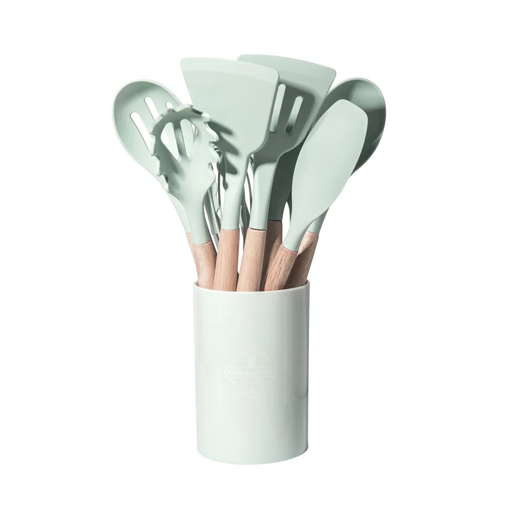 12pcs Silicone Kitchen Utensil Set Wooden Handle Heat Resistant Non Stick Tools