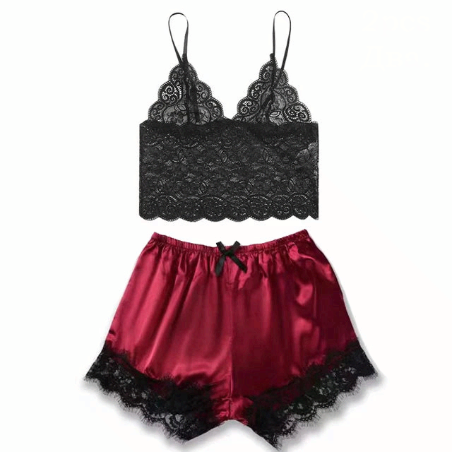 Women’s Pink Satin Pajama Set with Lace Robe Nightdress and Pants