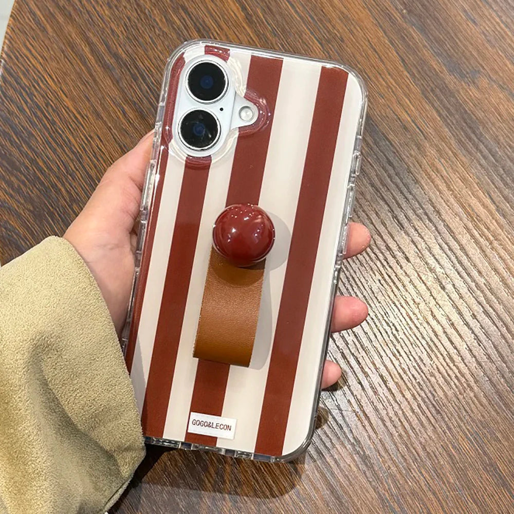 3D Ball Ring Buckle Bracket Leather Texture Simple Stripes Phone Case