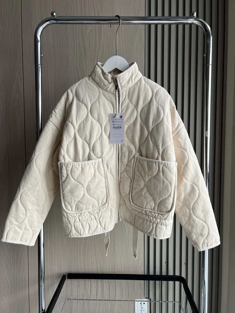 Women Quilted Padded Jacket High Collar Large Pocket Vintage Winter Coat