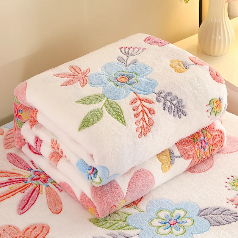 Floral Fleece Blanket Warm Plaid Sofa Throw Travel Shawl Bedspread