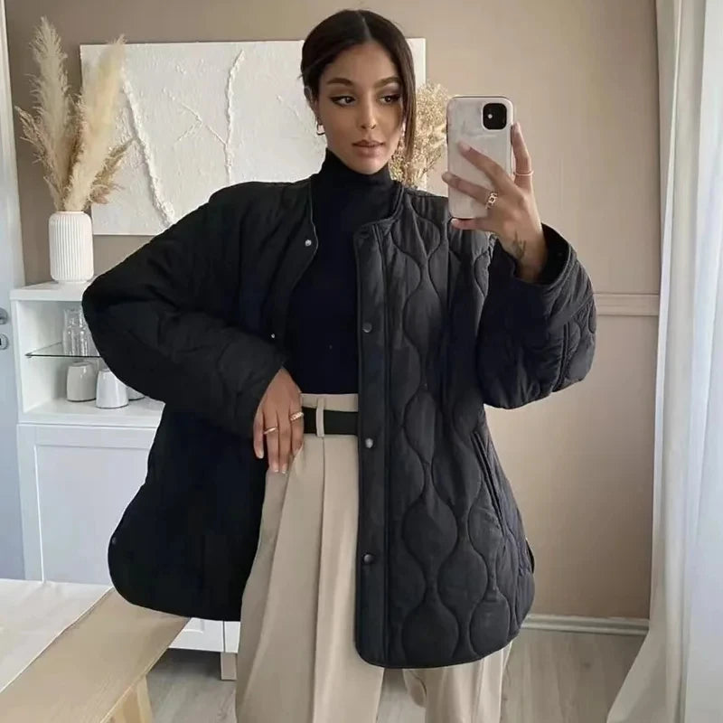 Women Black Quilted Padded Jacket Long Sleeve Winter Coat