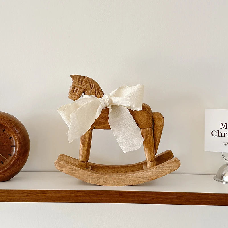 Hand Carved Wooden Rocking Horse Desktop Decoration Ornament