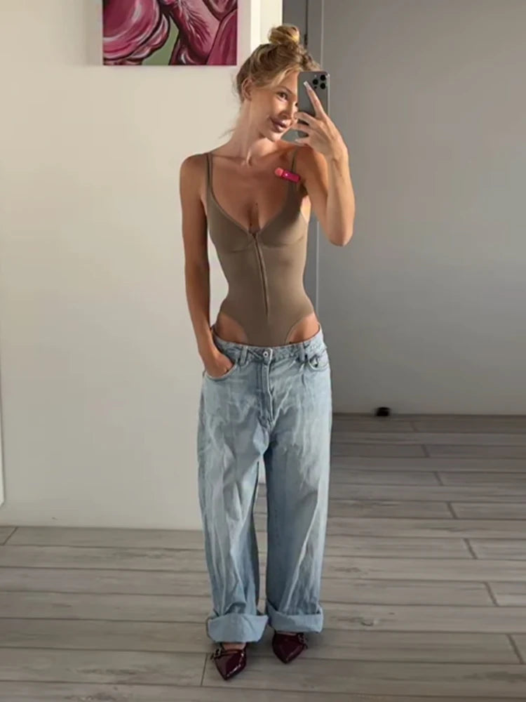 Women V Neck Zip Bodysuit Sleeveless Slim Fit Tank Top