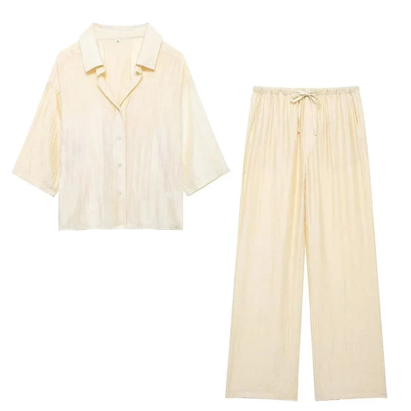 Women Jacquard Two Piece Set Loose Shirt and Casual Pants Chic Summer Outfit