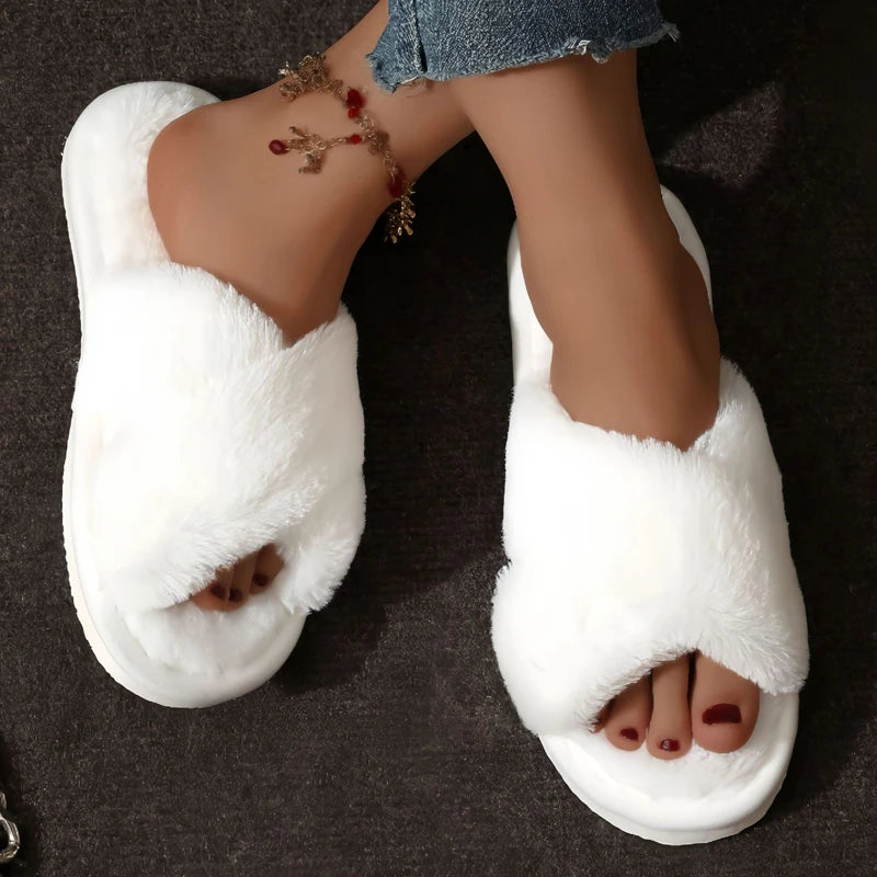 Fluffy Cross Band Slippers Women Cozy Fur Slides Soft Anti Slip Indoor Winter