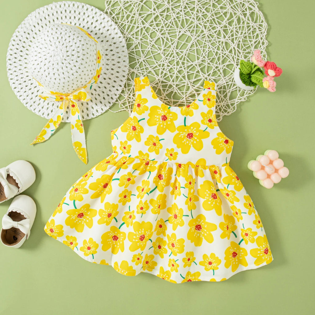 Baby Girl Floral Summer Dress Sleeveless Bow Outfit with Hat 0–2 Years