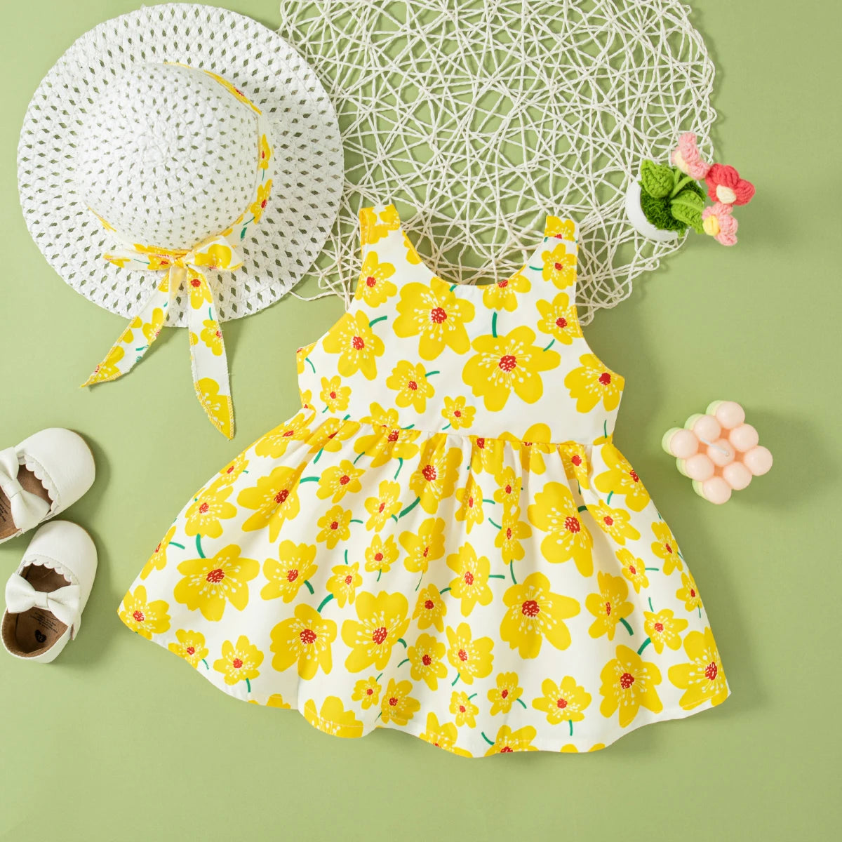 Baby Girl Floral Summer Dress Sleeveless Bow Outfit with Hat 0–2 Years