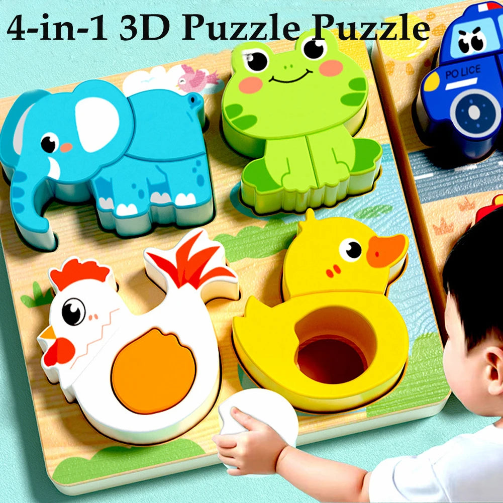 4 in 1 Wooden Animal Puzzle Educational Toy for Kids