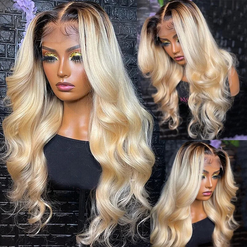 Ombre Blonde Straight Human Hair Wig – 1B/613 HD Lace Front Wig for Women