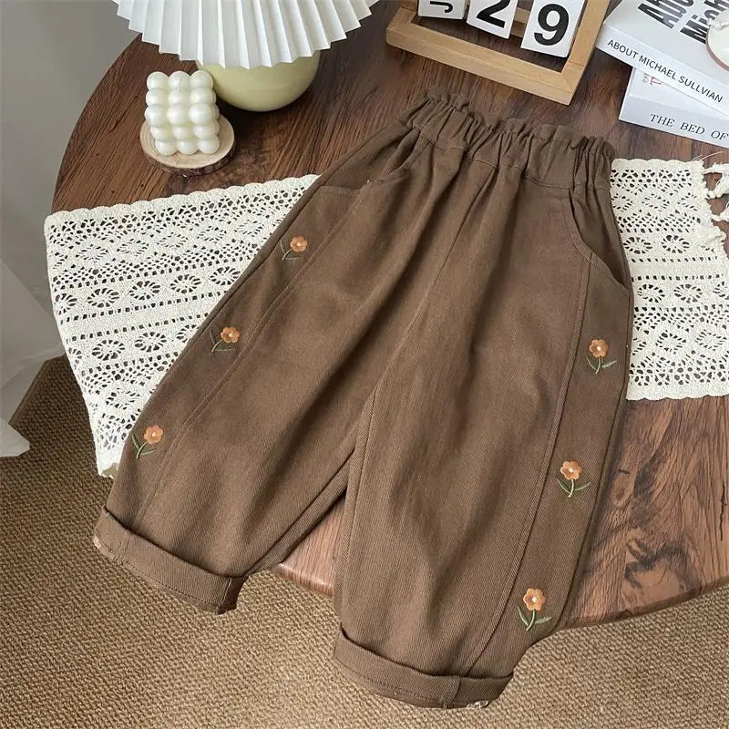 Girls Flower Embroidery Cotton Pants Elastic Waist Casual Trousers 2–6T