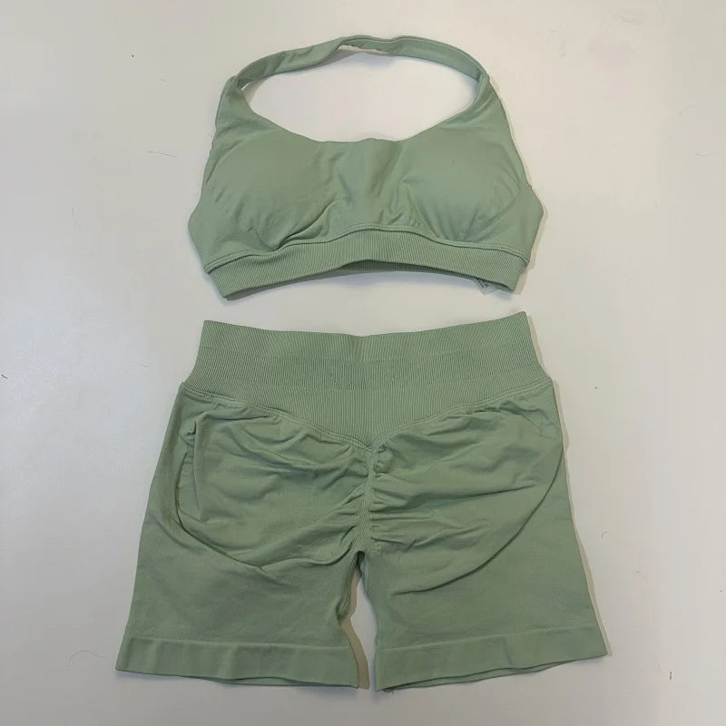 Seamless Yoga Set Halter Sports Bra Scrunch Shorts Gym Workout Fitness Set