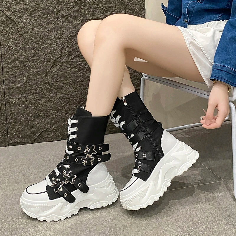 Women Round Toe Lace Up Platform Mid Calf Boots Non Slip Autumn Winter