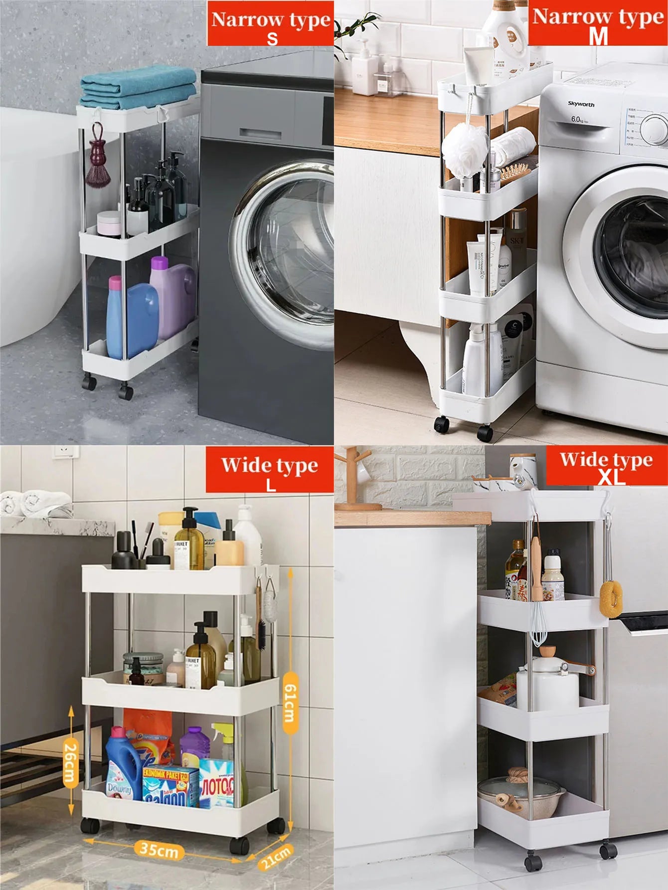 3/4 Tier Rolling Utility Cart Slim Storage Shelf Movable Kitchen Bathroom Rack