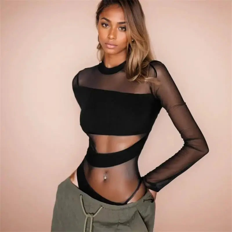 Women Mesh Jumpsuit Long Sleeve Cut Out O Neck Slim Fit Clubwear Bodysuit
