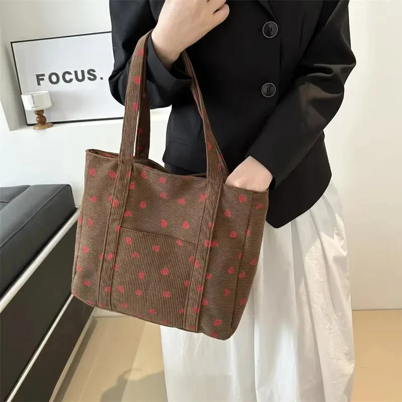 Women Corduroy Shoulder Tote Bag Strawberry Print Large Capacity Commuter Handbag